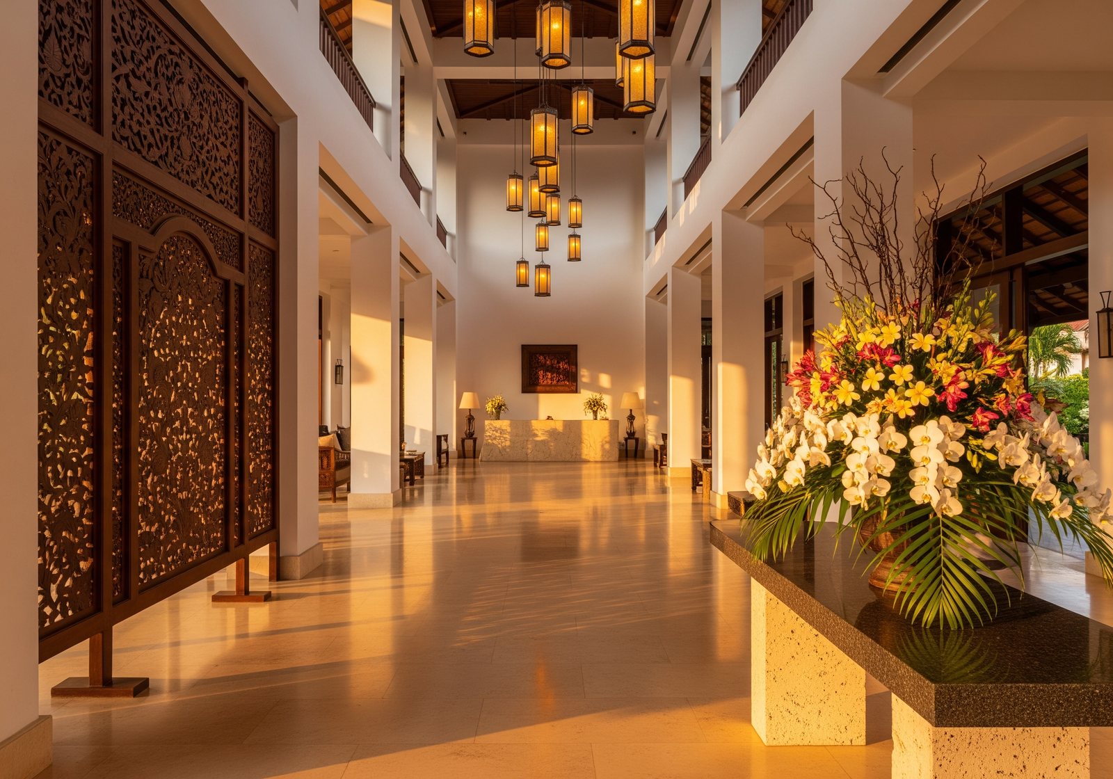 Warm hotel lobby
