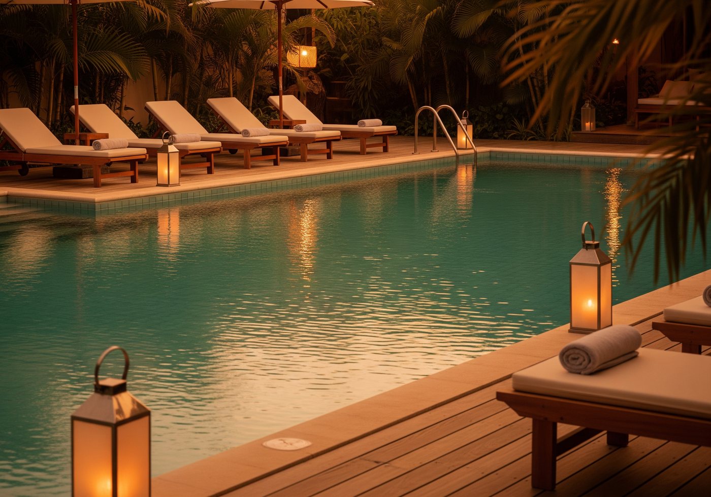 Saltwater swimming pool at dusk