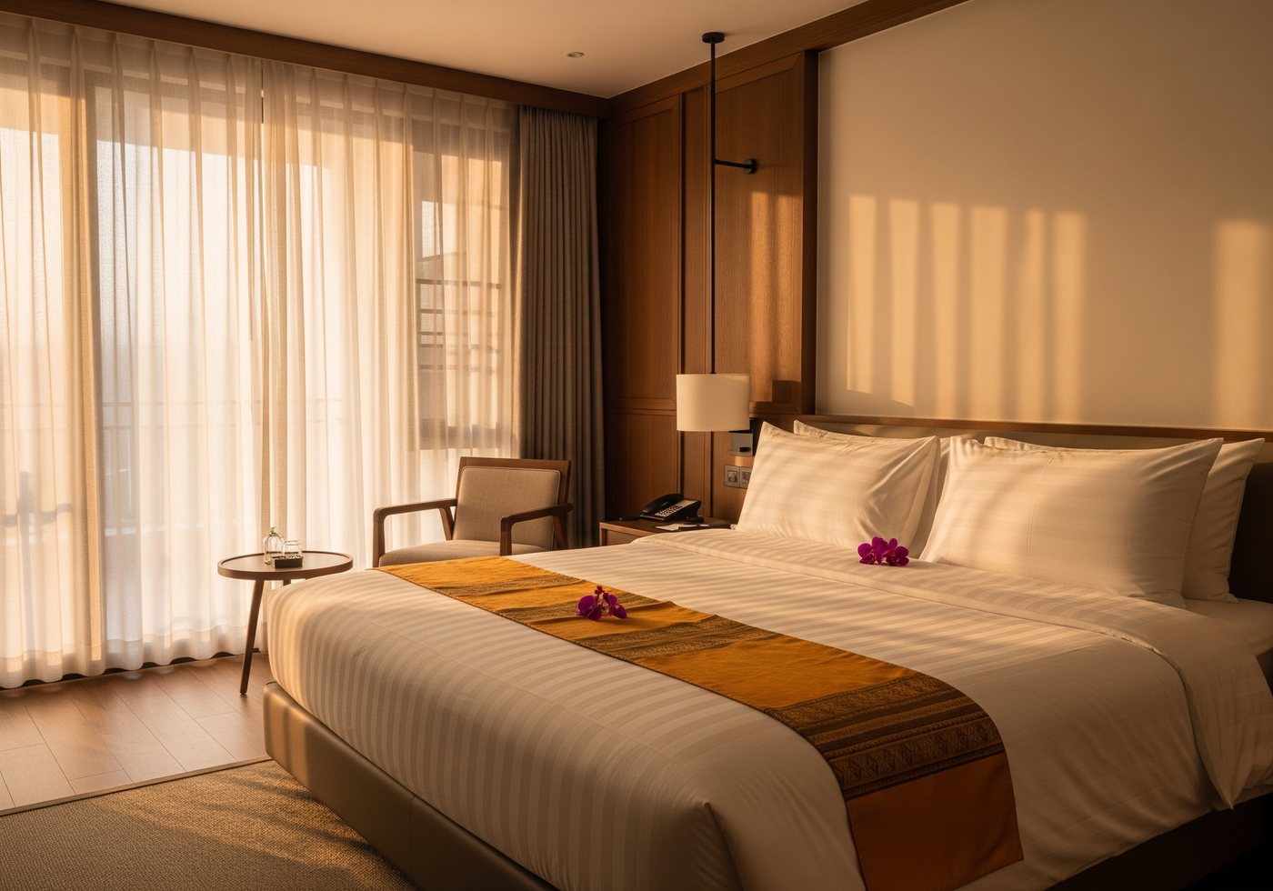 A spacious, elegant room with crisp white Egyptian cotton bedding and warm Lao textile accents